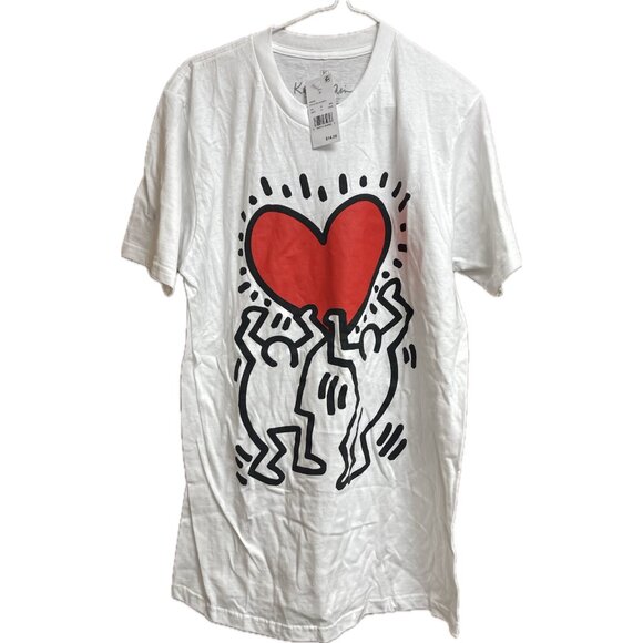 Keith Haring Art TShirt Men's People Holding Heart Up Icon Street Tee NWT LARGE - Picture 1 of 4